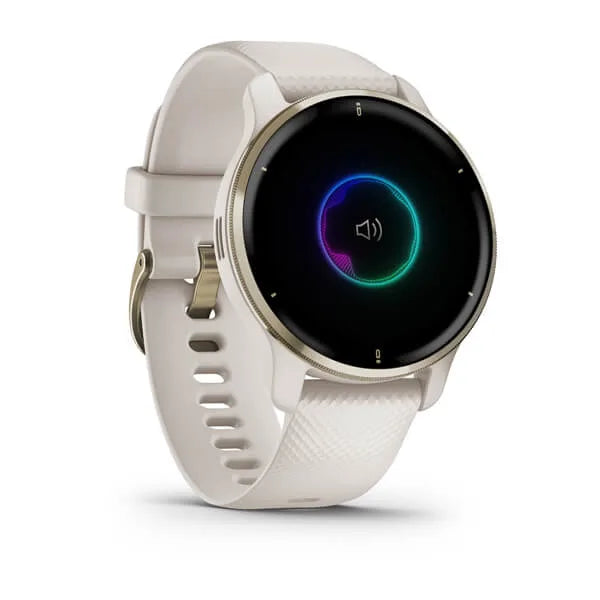 Garmin Venu 2 Plus - Cream Gold Bezel with Ivory Case and Silicone Band Model #:  GAR-010-02496-02