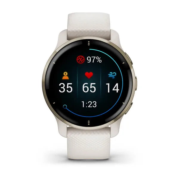 Garmin Venu 2 Plus - Cream Gold Bezel with Ivory Case and Silicone Band Model #:  GAR-010-02496-02
